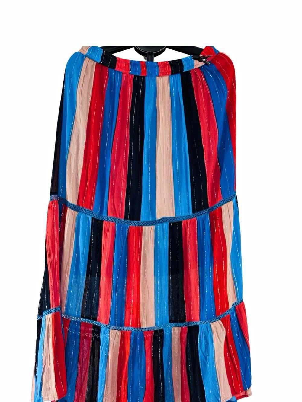Gypsies Blu Women's XL Striped Tiered Midi Skirt Pull On Elastic Waist